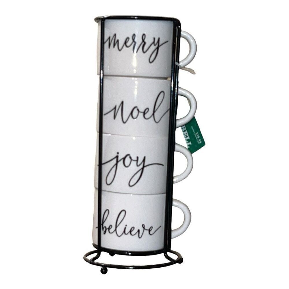 Sleigh Bell Ceramic Stacking espresso Mugs with Metal Stand